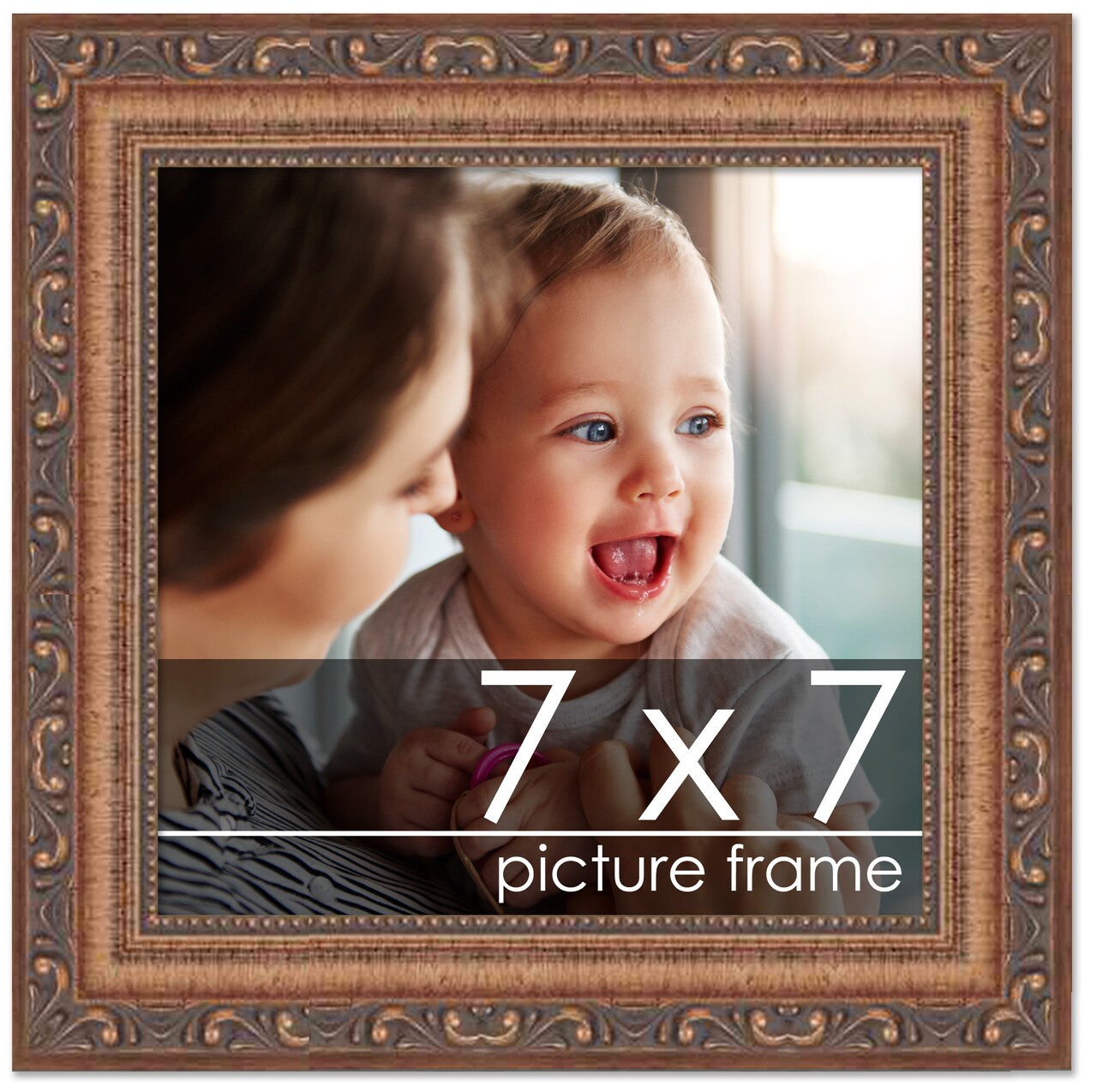 7x7 Solid Wood Antique Picture Frame with UV-Resistant Acrylic & Acid-Free Backing, Available in 4 Finishes: Bronze, Gold, Silver, and Gold with Black